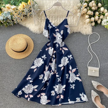 

Boho V Neck 2020 Floral Print Slim Sexy Spaghetti Strap Midi Long Dress Summer Casual Party Women A-Line Beach Holiday Dress