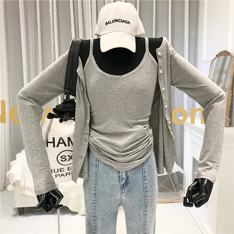 

2020 new sexy careful machine camisole Slim was thin T-shirt long sleeve bottoming shirt female two-piece