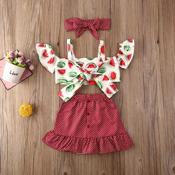 

Baby Summer Clothing Infant Kids Baby Girl Watermelon Crops Tops Vest Plaid Skirts Headband 3Pcs Set Sunsuit Outfits 6M-5T