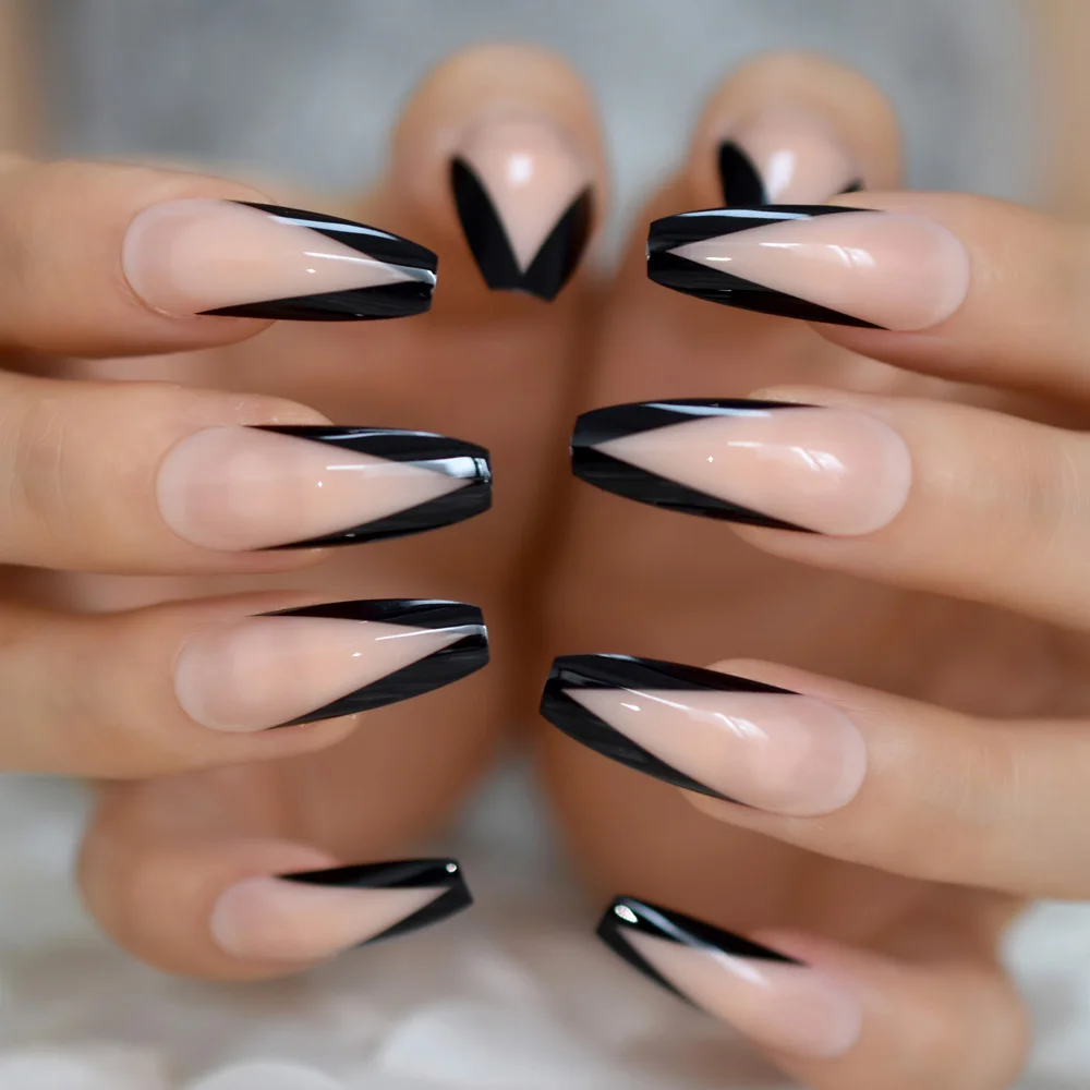 Ballerina False Nails Nude Large V Shape Extra Long Coffin French Nail Art Tips Predesigned Black Glossy Manicure Tips 24 False Nails Aliexpress