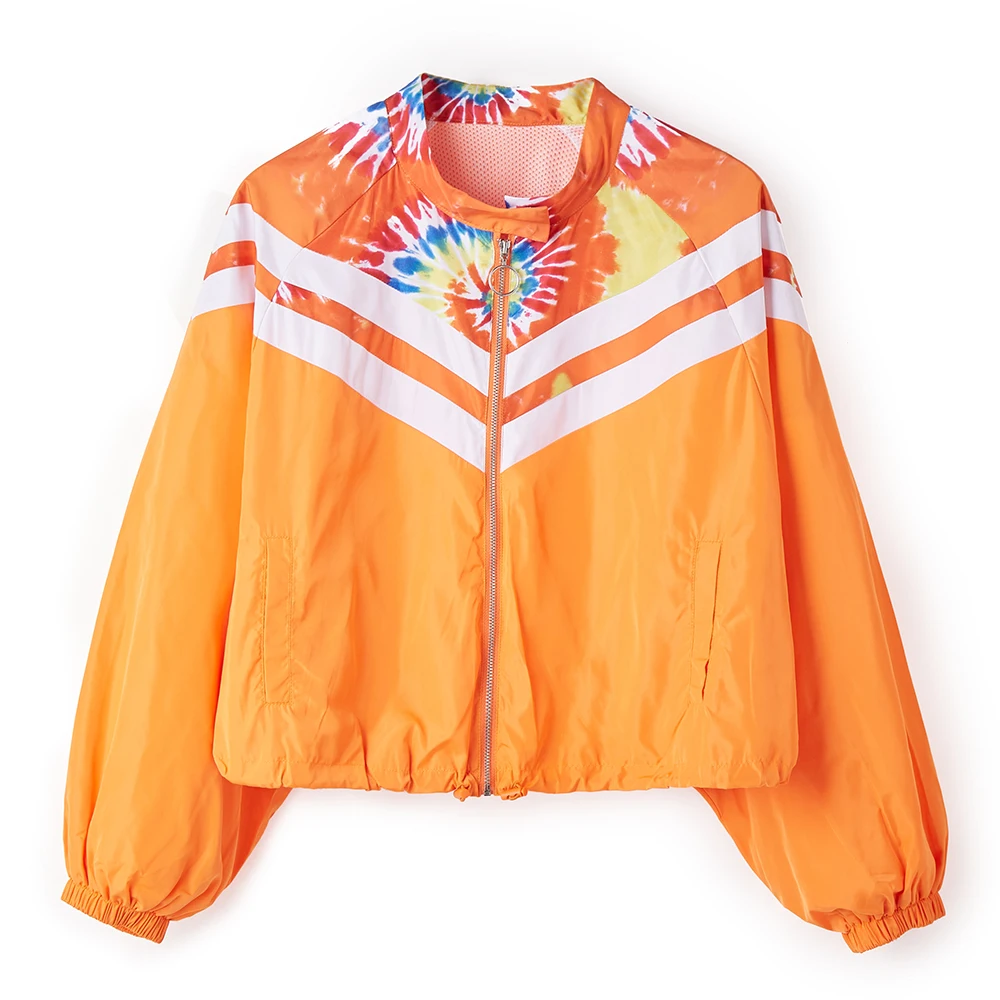 Весенние тонкие женские куртки, повседневное пальто с разноцветным принтом, с карманами на молнии, женская верхняя одежда с длинными рукавами, короткая куртка-бомбер#3 - Цвет: Orange
