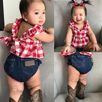 

Toddler Newborn Baby Girl Clothes Summer Sleeveless Plaid Skirted T-shirt Tops+Denim Shorts+Headband 3Pcs Baby Clothes Set