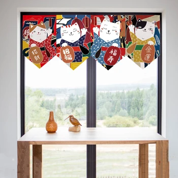 

Japanese Style Kitchen Triangles Half Curtain Beckoning Cat Cartoon Short Window Drapes for Living room decor Partition JD732#4