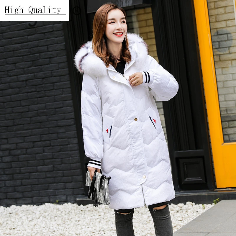 

Women's Winter Down Jackets Thick Warm White Duck Down Coat Female Large Real Raccoon Fur Hooded Long Parka Coats LW1108