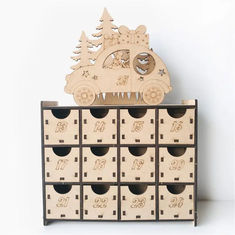 1 Pcs Wooden Advent Calendar Double Sided 13-24 Numbered Drawers Christmas Decoration Children Gifts Small Treats Storage Box