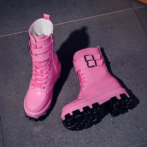 Pink Womens Round Toe Ankel Martin Boots Lace Up Platform Wedeg Hidden 10CM Heel Punk Motorcycle Shoes New 5Colors A1811 - Color: Pink