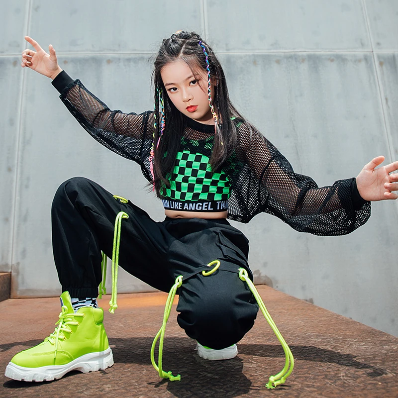 Ballroom Hip Hop Dancing Clothes Girls Net Tops Green Lattice Vest Loose Black Hip Hop Pants Jazz Street Dance Stage Wear BL7107