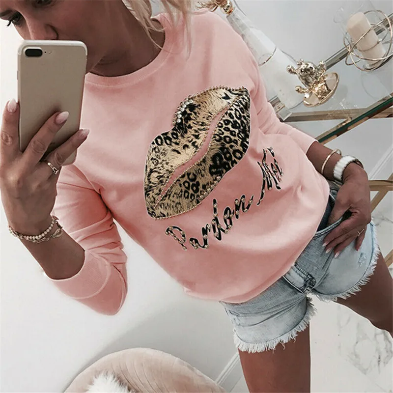  Women Autumn Winter Top with Pearl Long Sleeve Leopard mouth Hoodies and Sweatshirt Ladies Fashion 