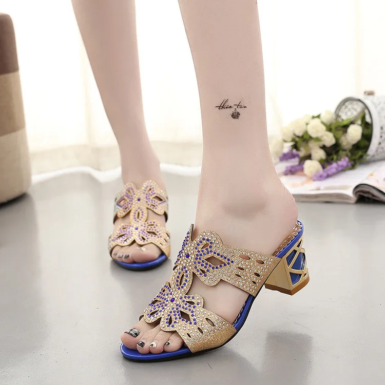 

Nobility Elegant Sandals Women's Man-made Diamond Chunky-Heel Semi-high Heeled Bow Varved Summer Retro Slippers Elegant Versatil
