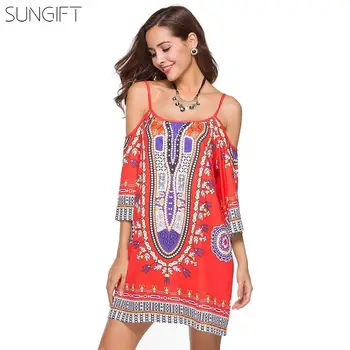 

SUNGIFT African Dress For Women Dashiki African Print Adjustable Shoulder Strap Sexy Dress Soft Fabric 2019 Summer Beach Dresses
