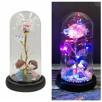 

Artificial Flower Rose With LED String Light In Glass Dome On Wooden Base For Party Wedding Anniversary Valentine's Day