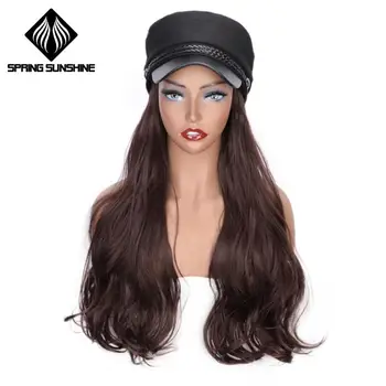 

Synthetic Long Body Wave PU Leather Military Hat with Hair Extension Travel Cadet Hat Captain Cap Newsboy Cap Hair Party Wig