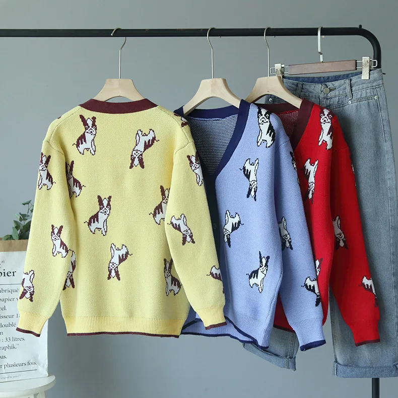 Women's Sweaters Autumn Winter fashionable Casual Printed V-Neck Cardigans Single Breasted Puff Sleeve Loose Sweater