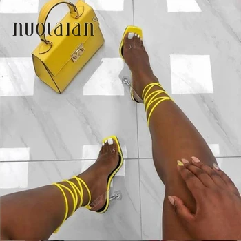 

2020 Women Shoes Gladiator Sandals PVC Transparent High Heels Sandals Summer Party Dress Shoes Cross Strap Lace-Up Sandal Pumps