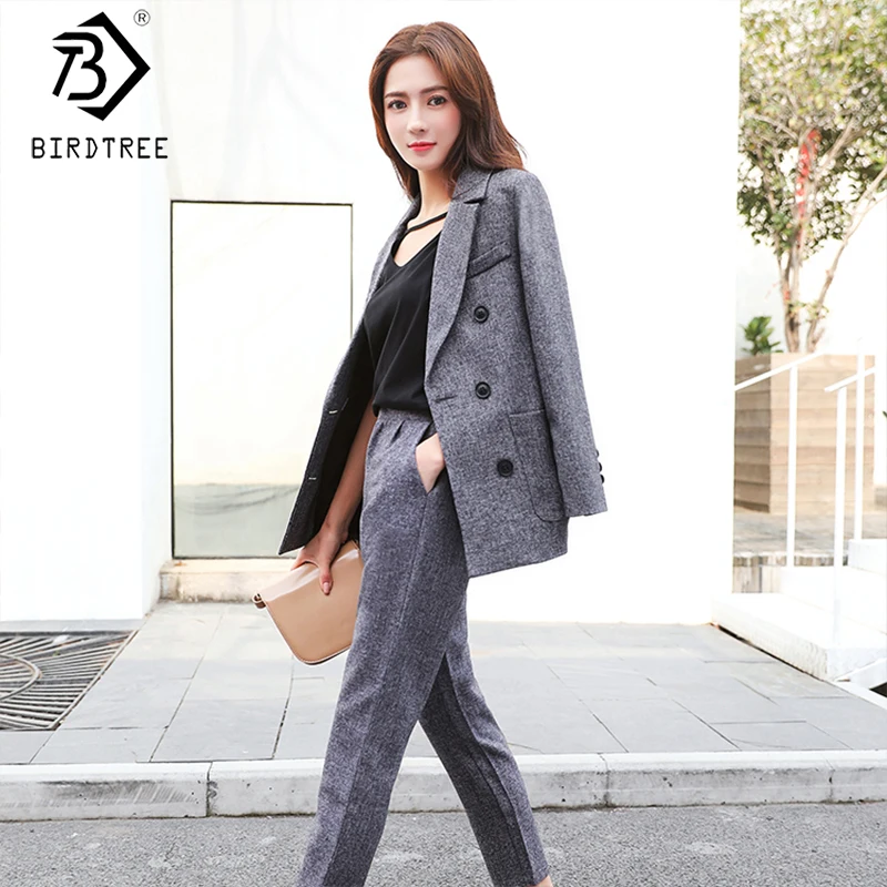 

2019 Autumn New Women‘s Solid Blazer Suits Full Sleeve Turn-down Collar Double Breasted Elastic Waist Two Pieces Set S98305K