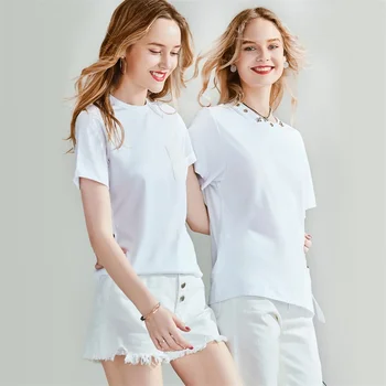 

HAVVA 2020 Summer Simplicity Ice Silk Smooth Ultra-soft Cotton Mixed Metallic Embellishment Collar Short-sleeved T-shirt T4737