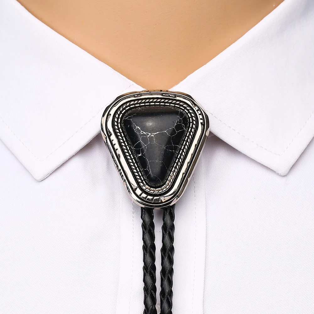 Western Cowboy Bolo Tie Leather Collar Rope Triangle Natural Turquoise Retro Pattern Zinc Alloy