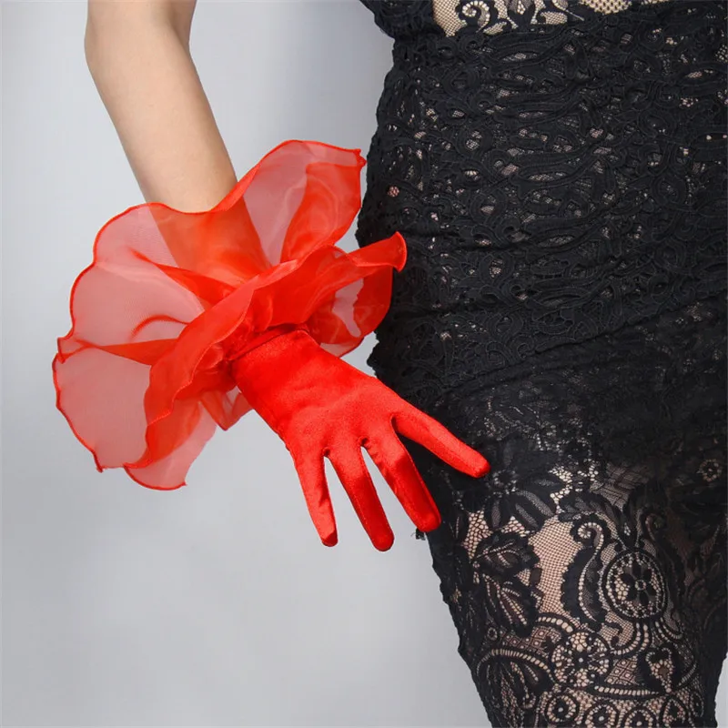 

Silk Lace Gloves Elastic Mercerized Silk Satin Red Ultra Short Large double-Layer Mesh Organza Ruffle Women Gloves WSG01