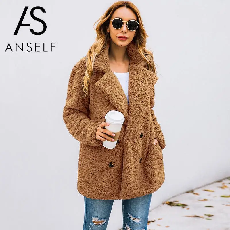 

ANSELF Teddy Coat Women Faux Fur Jacket Fuzzy Teddy Bear Jacket Fur Fake Coat Notch Lapels Oversized Winter Coat Plus Size 3XL
