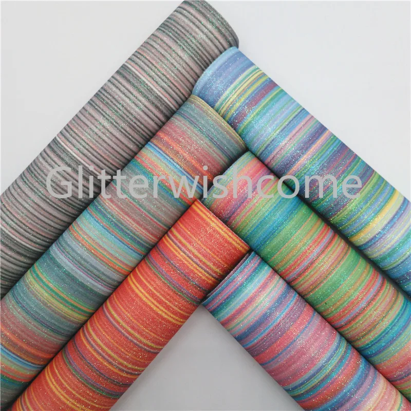 

Glitterwishcome 21X29CM A4 Size Rainbow Stripes Glitter Fabric, Synthetic Leather Fabric Sheets, PU Leather for Bows, GM485B