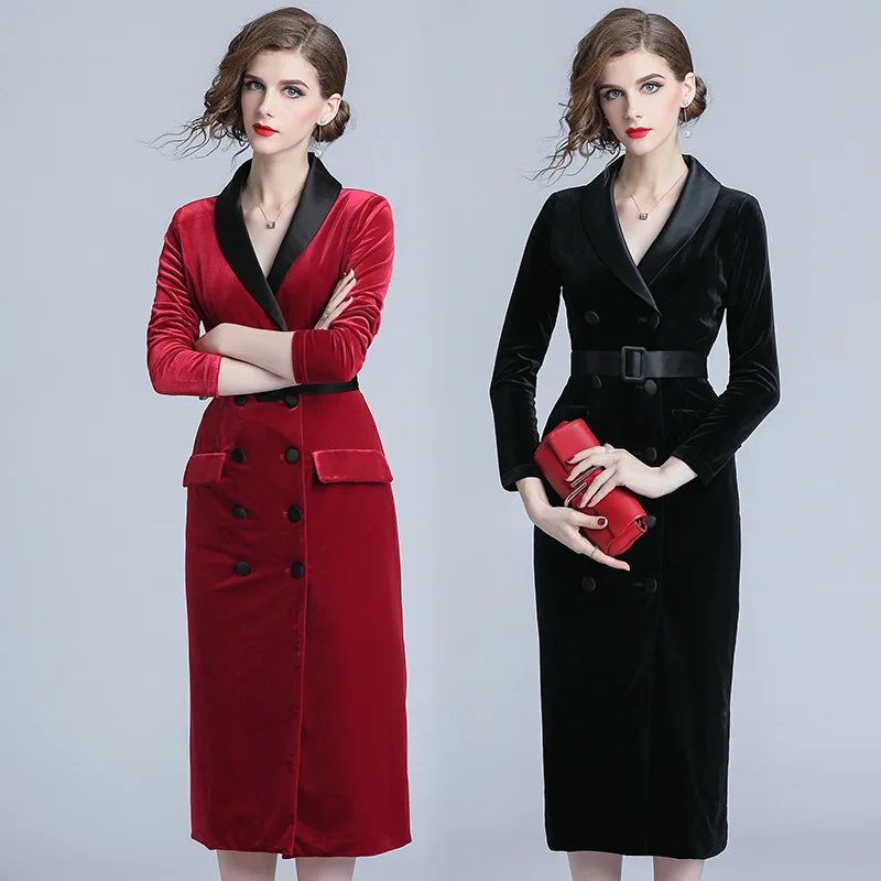 

Autumn And Winter New Style 2018 Slim Fit Lace-up Gold Velvet Dress Women's Medium-length Elegant Skirt 317
