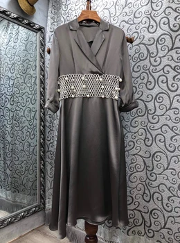 

2020 Early Autumn New Women's Lapel Waist Heavy Industry Beaded Mesh Stitching Long-Sleeved Dress 715