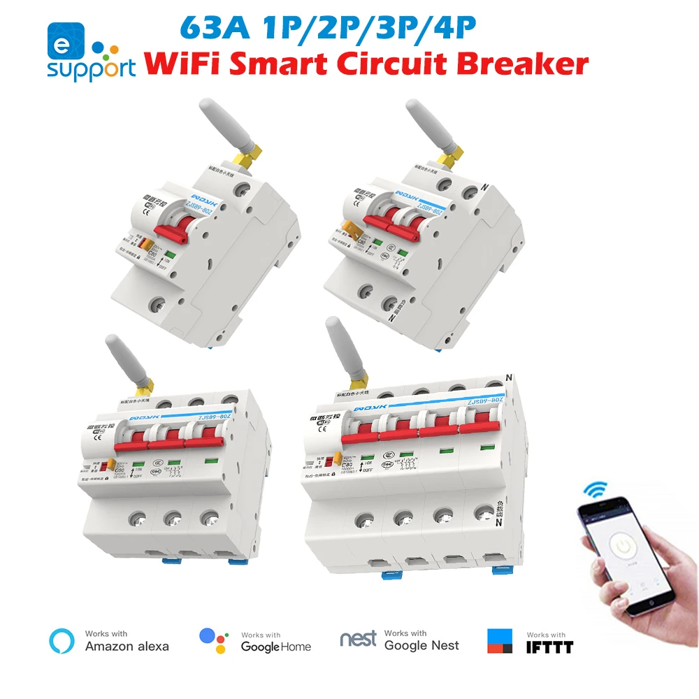 

63A 1/2/3/4P eWeLink WiFi Smart Circuit Breaker Automatic Switch overload short circuit protection work with Alexa Google home