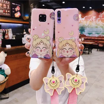 

For Samsung a8s case pink cute Sailor Moon phone cover galaxy a9s shell + make-up mirror flower strap girl gift