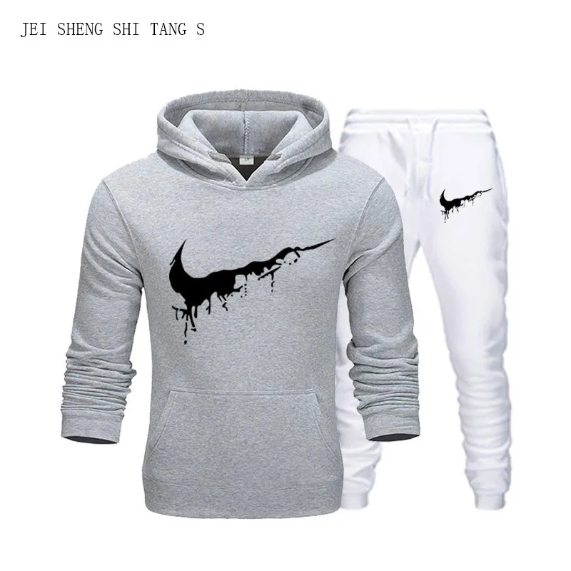 

Genuine JEI SHENG SHI TANG S New Men's Hoodie Winter Mixed Cotton Fleece Solid Color Printing Casual Hoodie+White Sport Pants