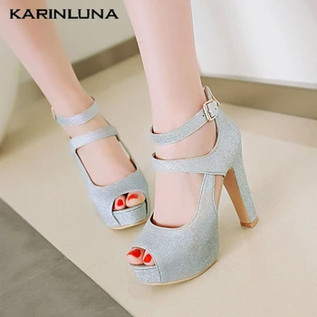 

KarinLuna 2020 Best Quality Sequined Cloth Women Pumps Spike Heels Platform Peep Toe Zip Pumps Summer Party Women Shoes