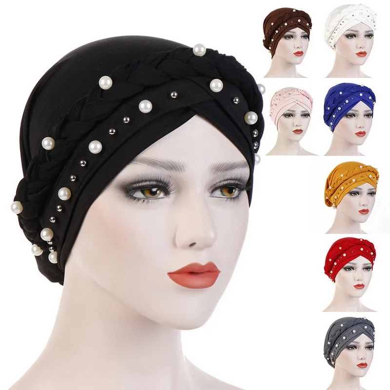 

Women Head Scarf Head Wrap Muslim Soft Cancer Chemo Cap Turban Hats Beads Braid Hair Loss Beads Islamic India Cap