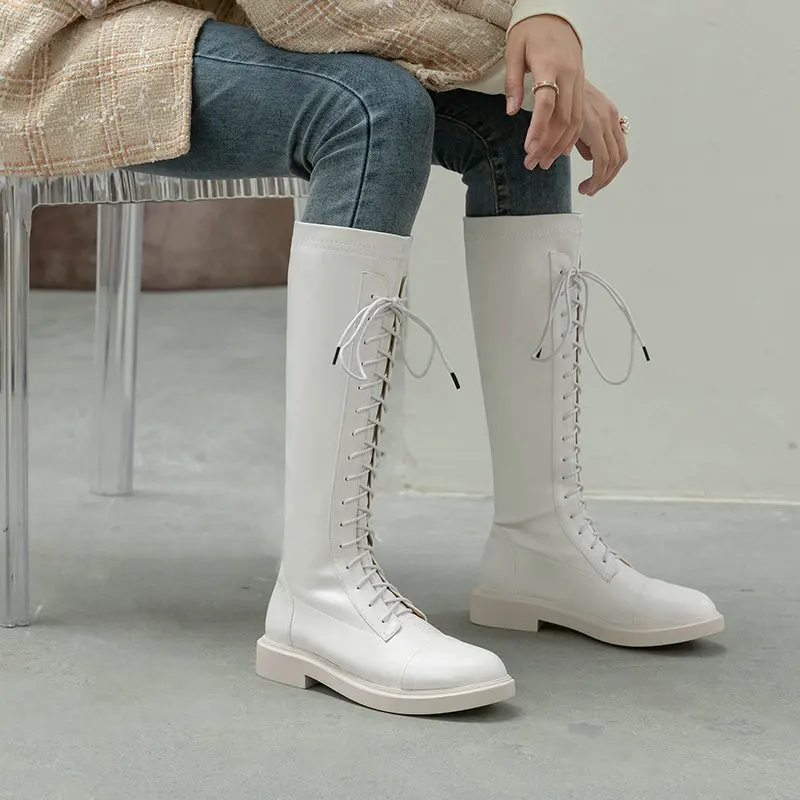 

Fashion Lace-up Flat Knee High Boots Autumn Winter Split Leather Women Low Heel Motorcycle Boots Round Toe Woman's Boots Shoes