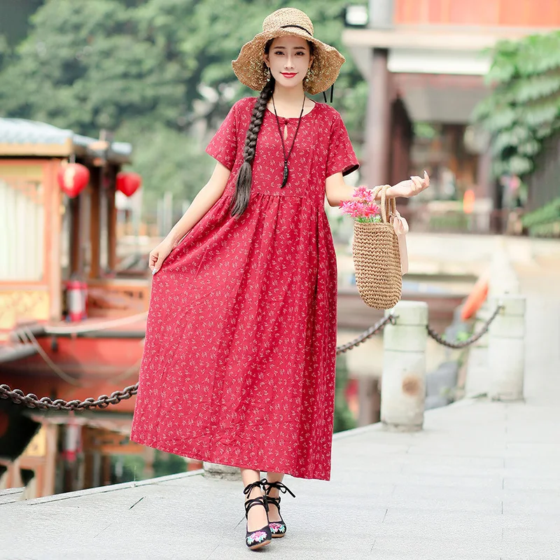 

2019 Summer New Style Retro National Wind Large Size Dress Cotton Linen Dress Women's Loose-Fit Slimming Floral-Print Long Skirt