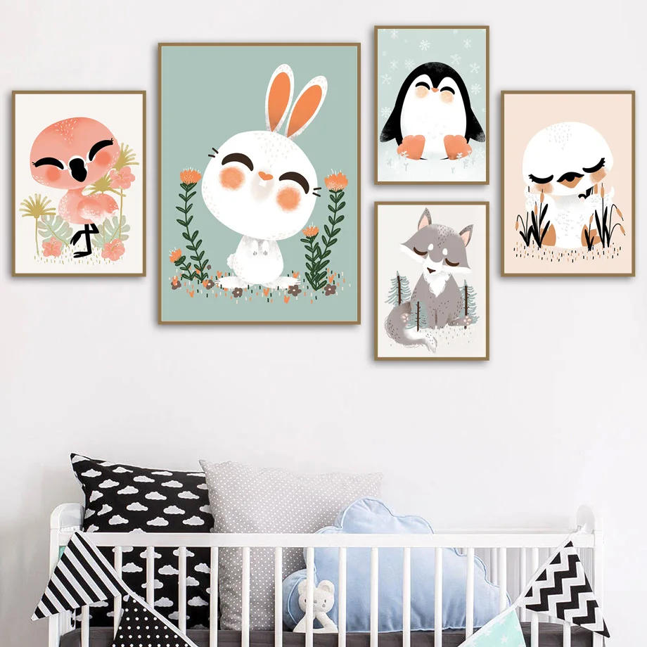 

Rabbit Fox Flamingo penguin swan Nordic Posters And Prints Nursery Wall Art Canvas Painting Wall Pictures Baby kids Room Decor