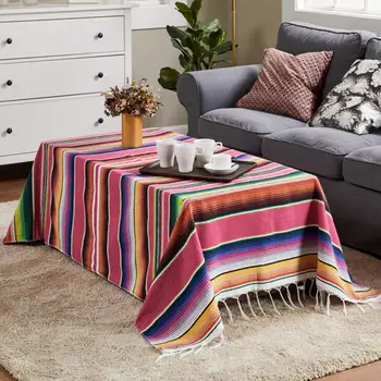 

Mexican Style Tassel Tablecloth Rainbow Pattern Cotton Color Strip Shawl Carnival Blanket Party Wedding Decoration