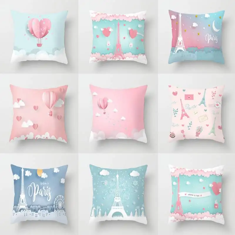 

Romantic Paris Tower Air Balloon Cushion Cover Valentine's Day Throw Pillow Case Office Car Sofa Home Decorative Pillowcases