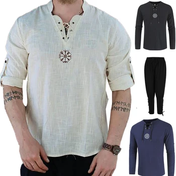 

Medieval Viking Pirate Linen Top Shirt Costume Renaissance Mens Nordic Retro T-shirt Beard Cosplay Tee Lace-Up For Adult pants