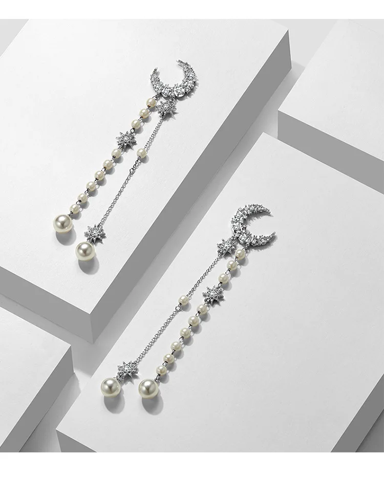 

Japanese Korean Long Star Tassels Full of Crystals Moon 925 Silver-Ear Stud Elegant Immortal GIRL'S Heart INS Earrings