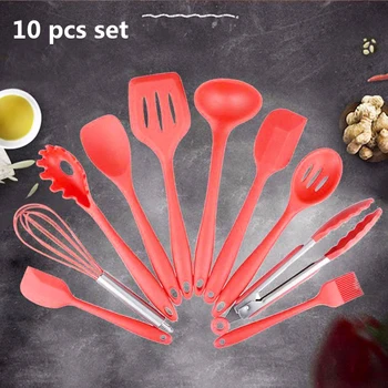 

Silicone Kitchen Utensils 10 Pcs Cooking Set Pan Spatula Spoon Ladle Turner Egg Beaters Spaghetti Server Slotted Cooking Tools