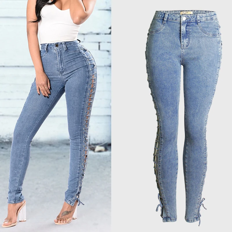 

Women's Long Jeans Fashion Middle Waist Cross Straps Sexy Slim-fit Denim Trousears