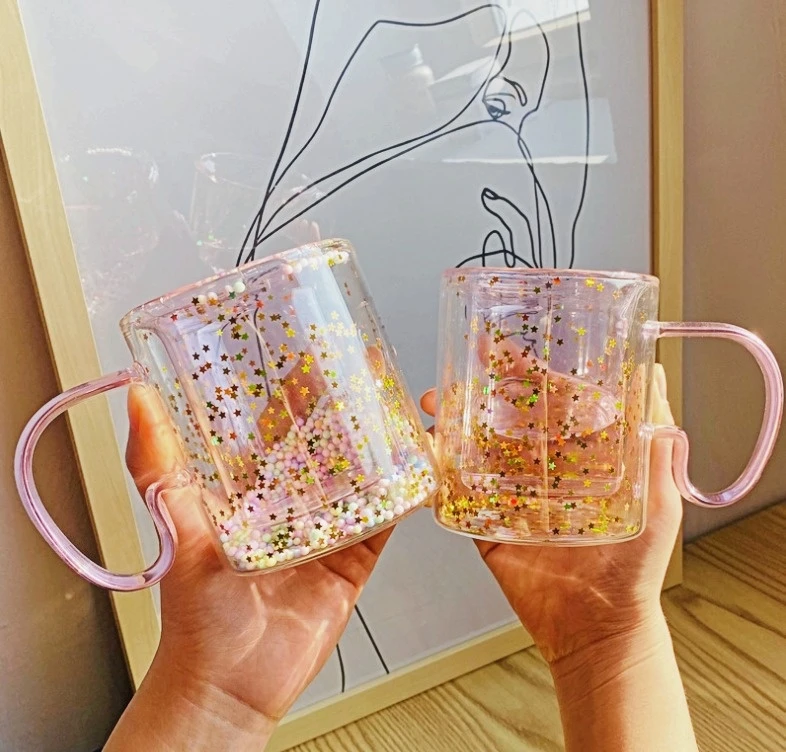 Korean ins Girl Heart Kawaii  Bubble Star Sky Cup Star Sequin Double Wall Glass Coffee Cup Handle Heat Resistant Milk Cup_voghion.com