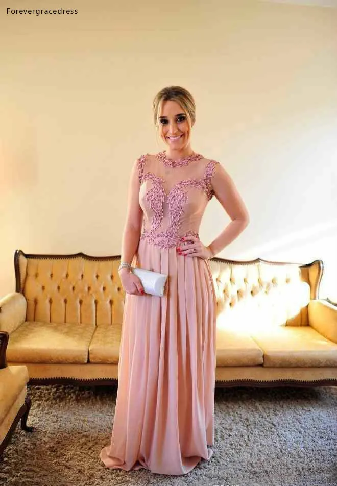 2018 Pink Chiffon Sheer Straps Sheath Bridesmaid Dresses Sheer Back Pearls Beading Appliques Floor-Length Illusion Prom Dresses Formal Gowns  129 (3)