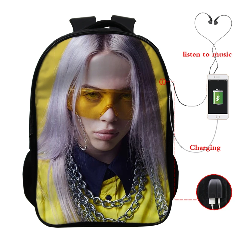 Sac Dos Mochila Billie Eilish рюкзаки для школы подростков девочек Книга сумка 3D печать usb зарядка 16 дюймов ноутбук plecak