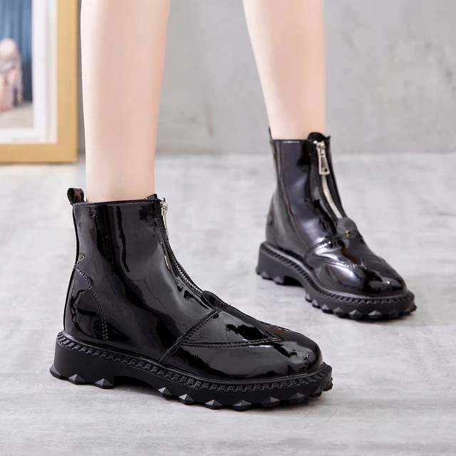 Botas de piel con cremallera frontal para mujer, botines acolchados de para otoño e invierno, 2018 _ - AliExpress Mobile