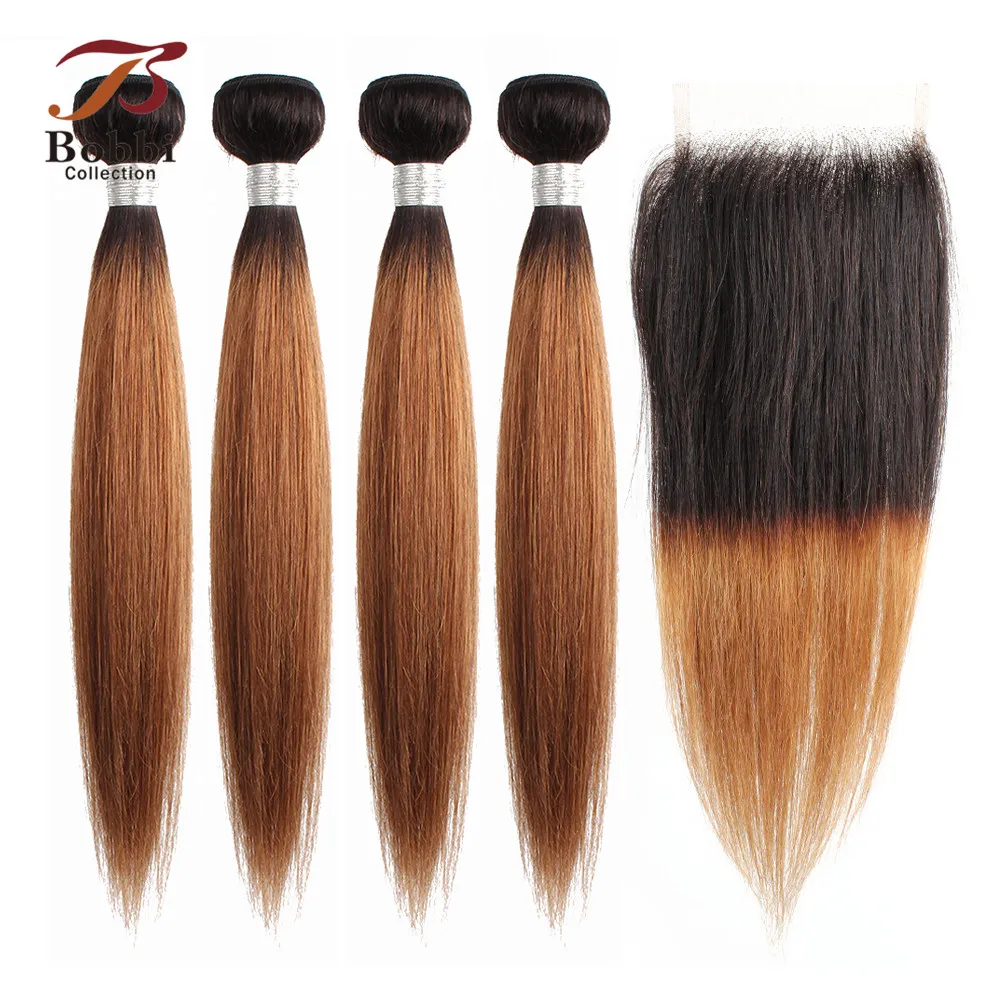 

BOBBI COLLECTION 3/4 Bundles With Closure T 1B 30 Ombre Brown Auburn Brazilian Straight Hair Bundles Non- Remy Human Hair Weave