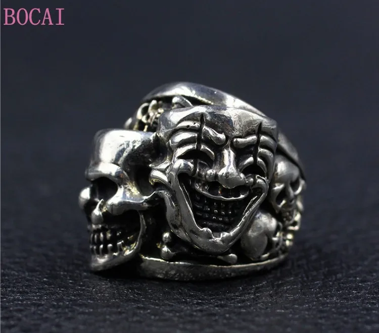 S925 Sterling silver Rings Funny Face Skull Fashion Trendy Punk Domineering Double Ghost Ornaments Pure Argentum Punk Jewelry