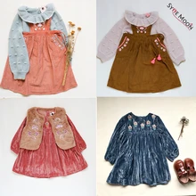 Lou& M/Детские платья; Новинка г.; осенне-зимнее вельветовое платье с цветочной вышивкой для девочек; Модная одежда для маленьких детей