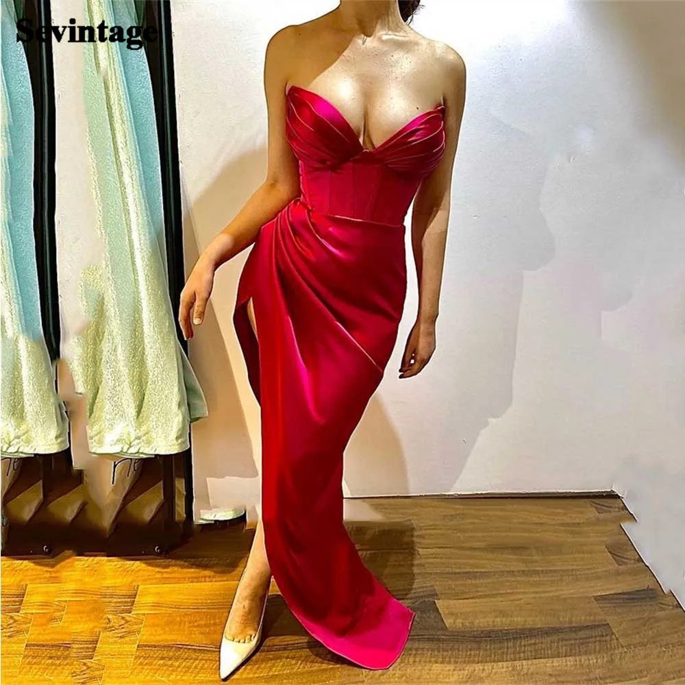 

Sevintage Red Mermaid Long Evening Dresses Pleats Deep V-Neck Prom Party Gowns High Slit Formal Women Special Occasion Dress