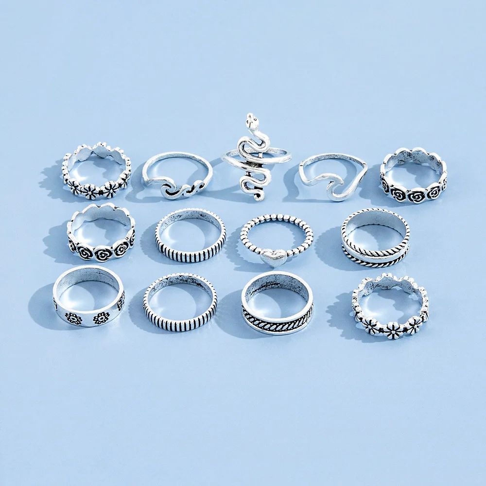 Ring Set HI MAN 13 Pcs/Set European Mixed Snake Flower Butterfly Heart Irregular Arc Ring Women Creative All-Match Jewelry