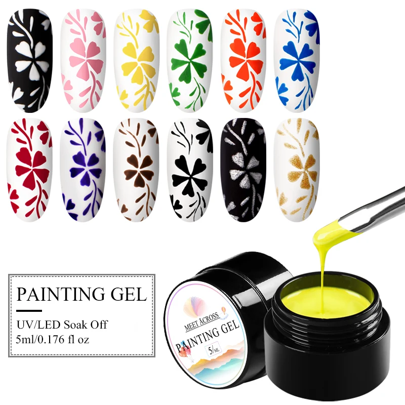 

MEET ACROSS Painting Gel Varnish Pure Metallic Mirror Gel Nail Polish Set For Manicure DIYPainting Gel Lacquer Hybird Design